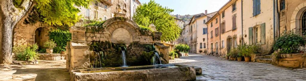 Fontaine sur une place du village de Barjols, surnommé le village aux mille fontaines